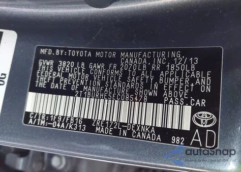 2014 Toyota Corolla Le Plus z USA, uszkodzony, nr VIN 2T1BURHE5EC085478